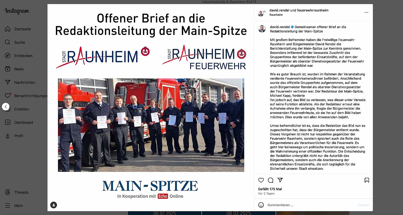 Screenshot vom Posting auf Instagram des Raunheimer Bürgermeister David Rendel, er fordert die Redaktion der Main-Spitze auf, Stellung zu nehmen. – Raunheimer Bürgermeister unterstellt Redaktion „manipulativen Eingriff ins Bildmaterial“, in einem Posting auf Instagram fordert er die Redaktion der Main-Spitze auf, Stellung zu nehmen. 